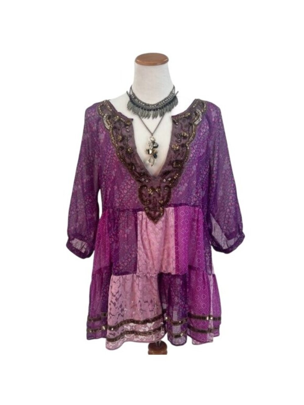 VTG Free People Purple Patchwork Chiffon Top | Boho Grunge Fairy Whimsigoth Y2K - Picture 3 of 16